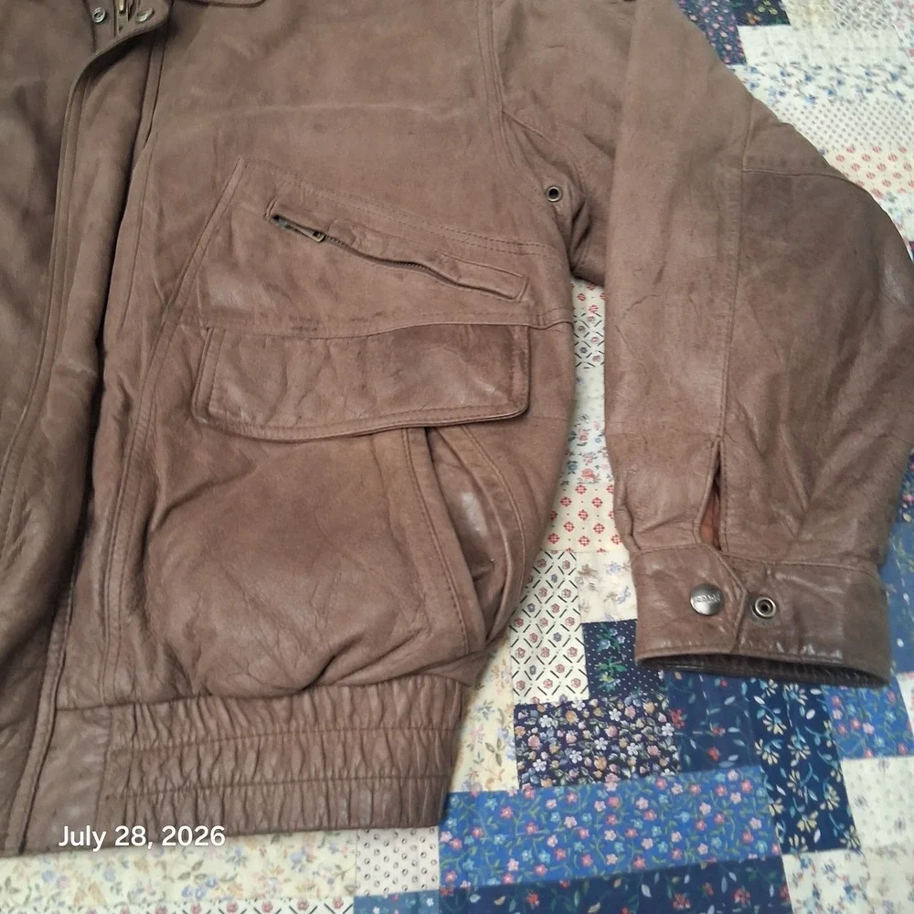Vintage Mirage Leather Bomber Jacket Mens Large Brown Flannel Lined Multi pocket